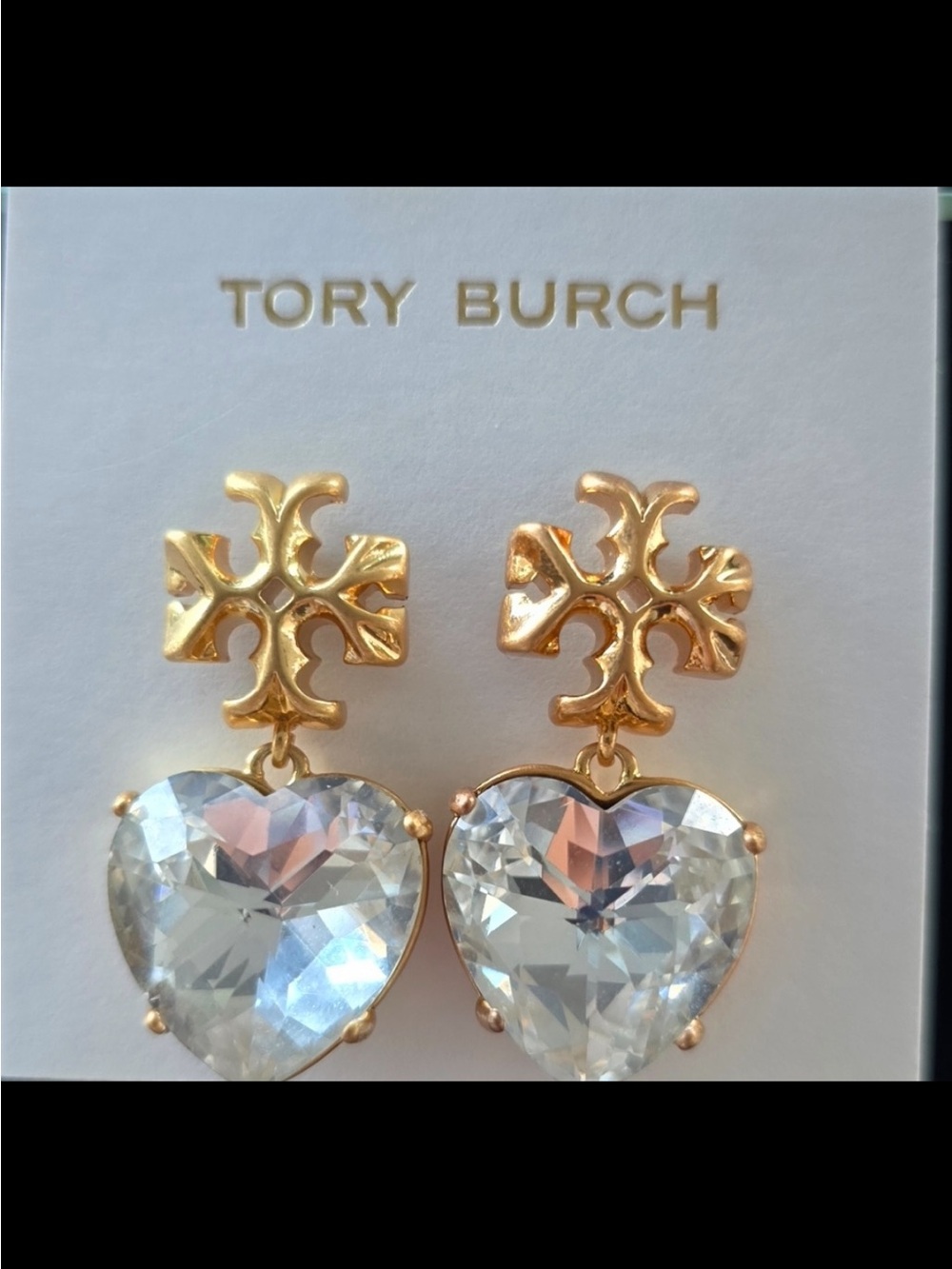 Tory Burch Gold Drop Earrings with Clear Heart Crystal - Picture 2 of 4